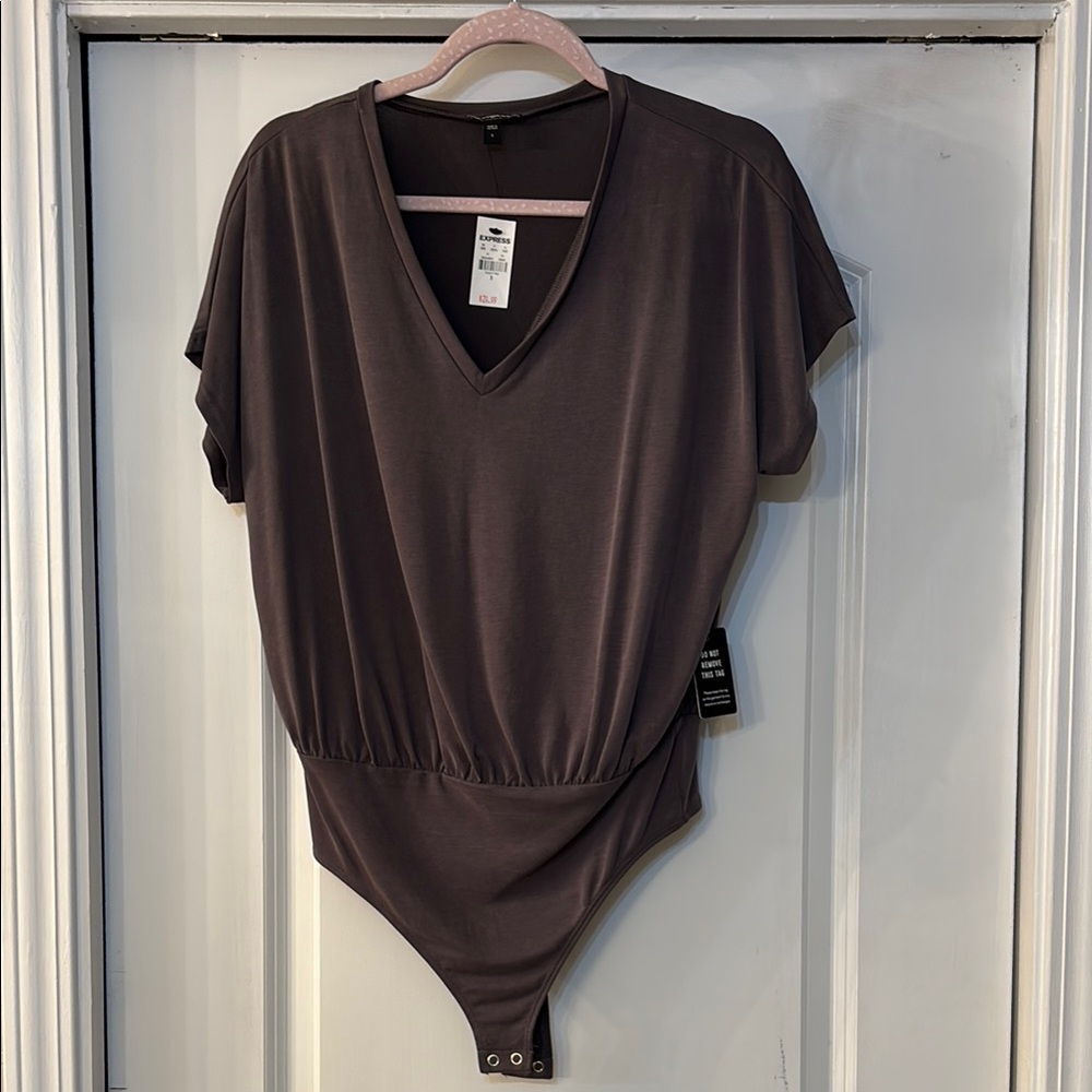 Elegant V-Neck Bodysuit in Charcoal Gray